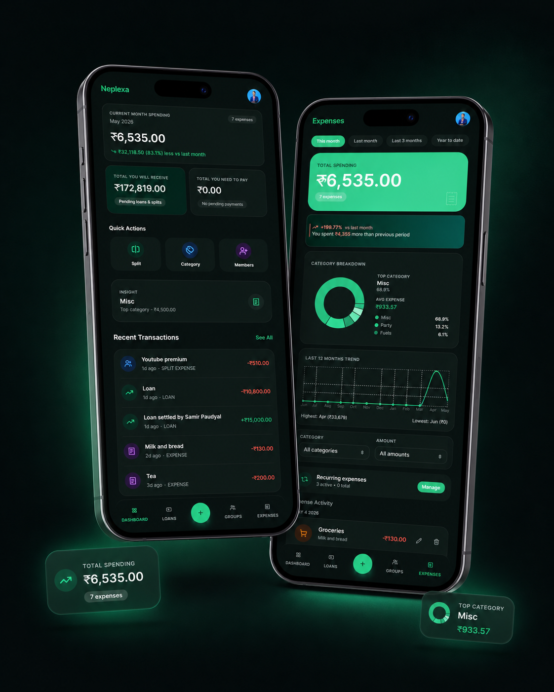 Neplexa mobile app showing dashboard and expense insights on two phones