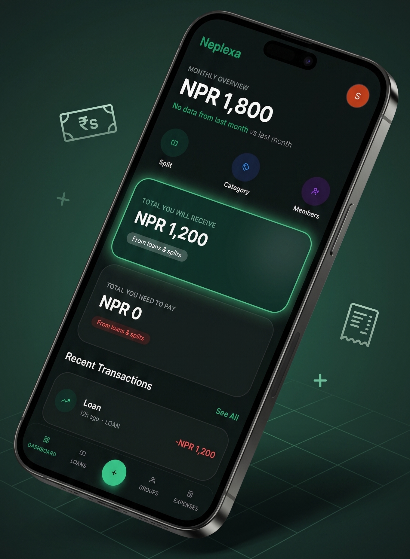 Neplexa expense tracker dashboard showing monthly spending charts, expense categories, and loan balances
